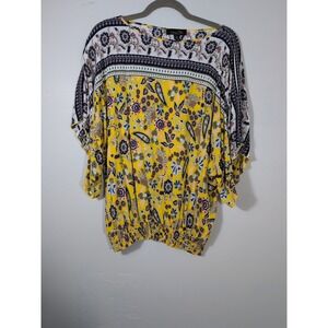 Suzanne Betro Women Top Blouse Paisley Yellow Bell Sleeve Sz L
